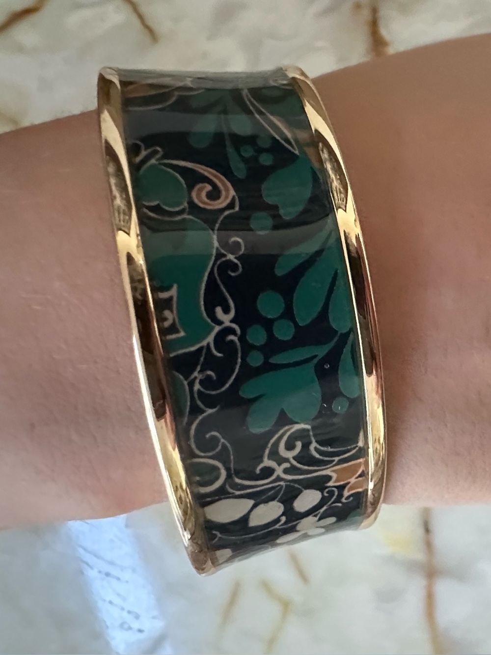 Chico's Green and Gold Floral Pattern Cuff Bracelet